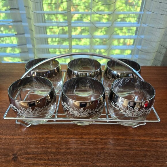 Silver Fade Roly Poly Glasses Caddy Set of 6 VTG MCM Ombre Relief Flowers 11.75" - Picture 2 of 9